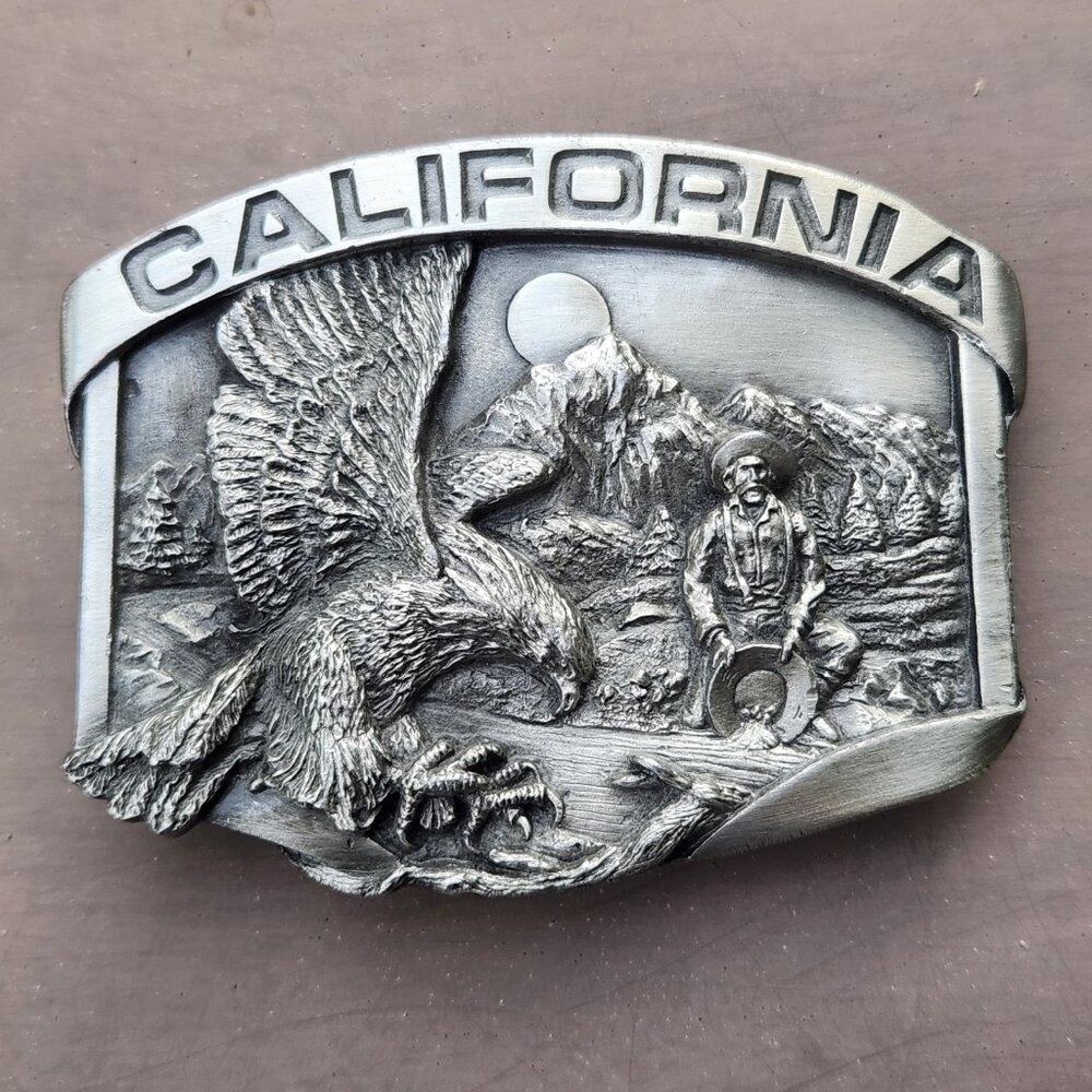 Vintage California Eagle‎ and Prospector Pewter Belt Buckle Gold Rush Western